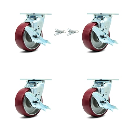 5 Inch Poly On Aluminum Caster Set With Ball Bearings 4 Brake 2 Swivel Lock SCC